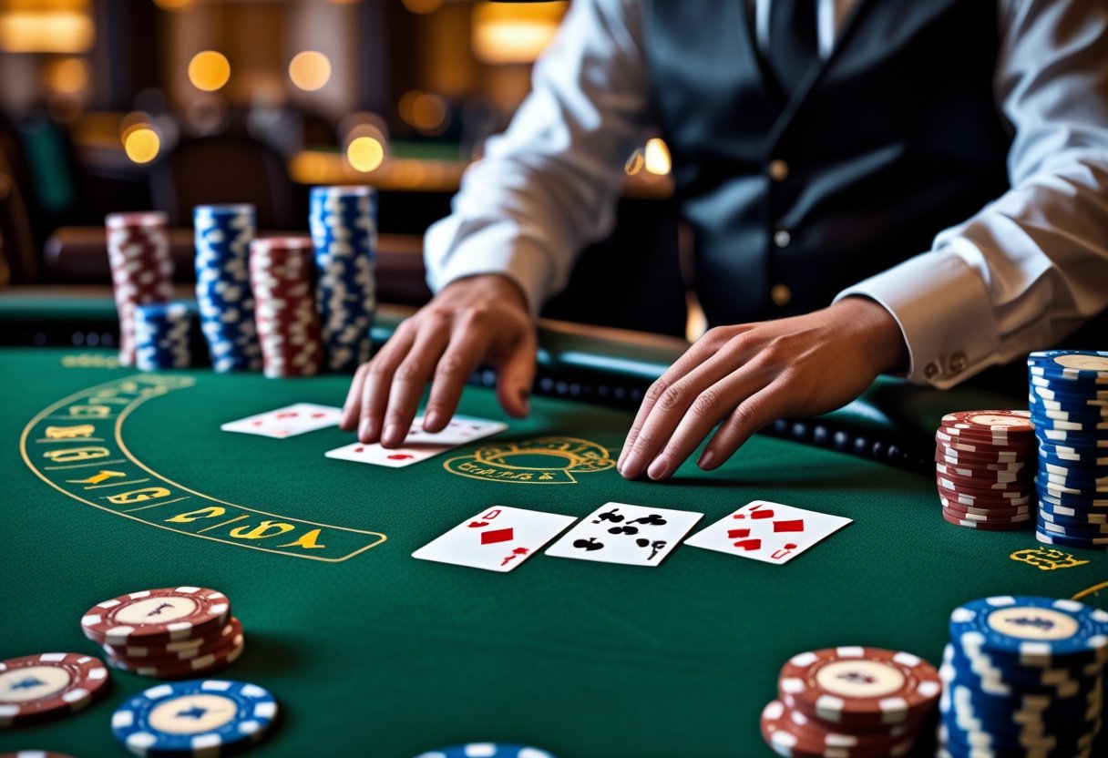 A blackjack table with playing cards and poker chips in a casino environment, with a dealer's hands mid-deal.