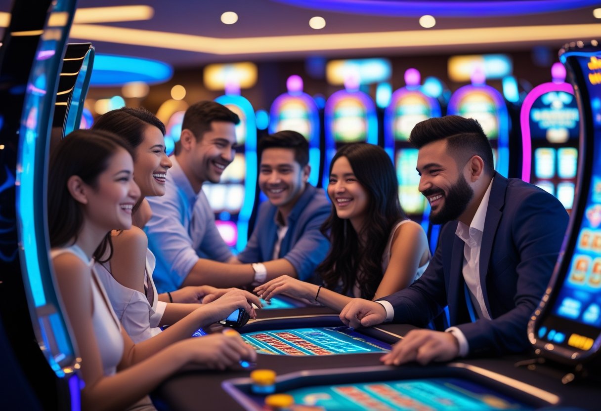 A group of diverse people happily playing casino games on slot machines and digital devices in a bright, modern casino setting.