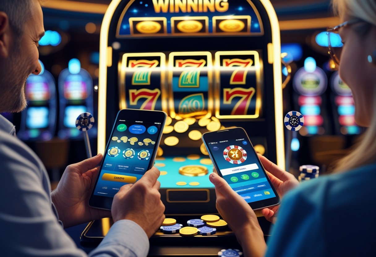 A group of people playing casino games on mobile devices with a slot machine and casino elements in the background.