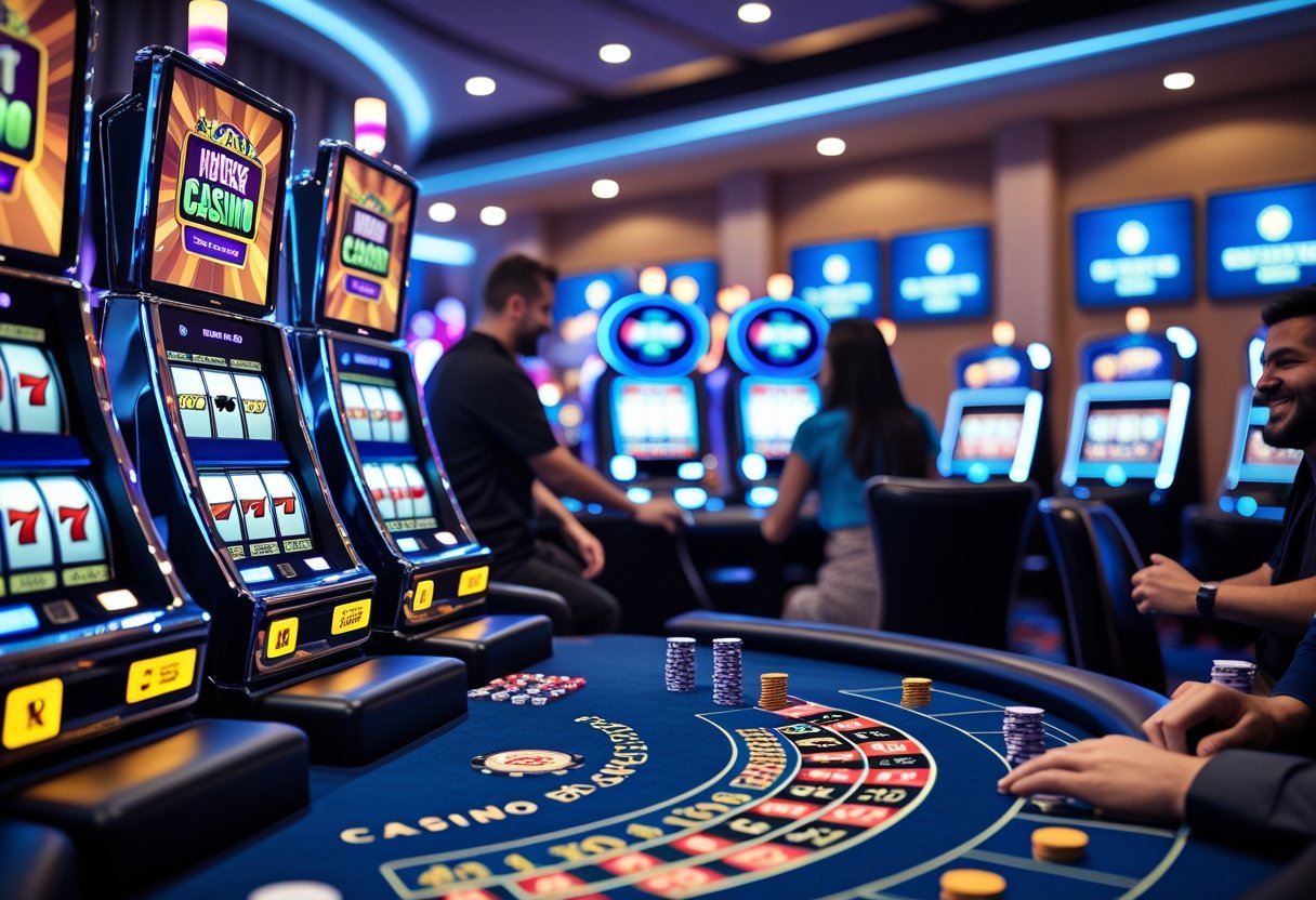 A casino floor with slot machines, a roulette wheel, and a poker table featuring chips and cards, with people playing and enjoying the games.