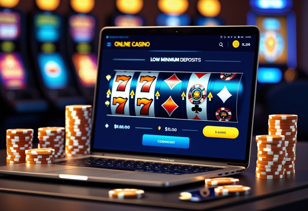 A laptop and smartphone displaying online casino games and payment confirmation, with casino chips nearby.