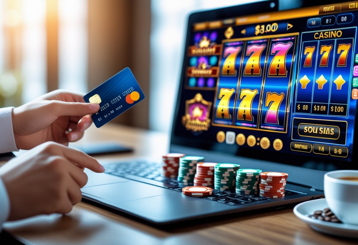 A person using a laptop showing an online casino game with casino chips and a credit card on the desk.