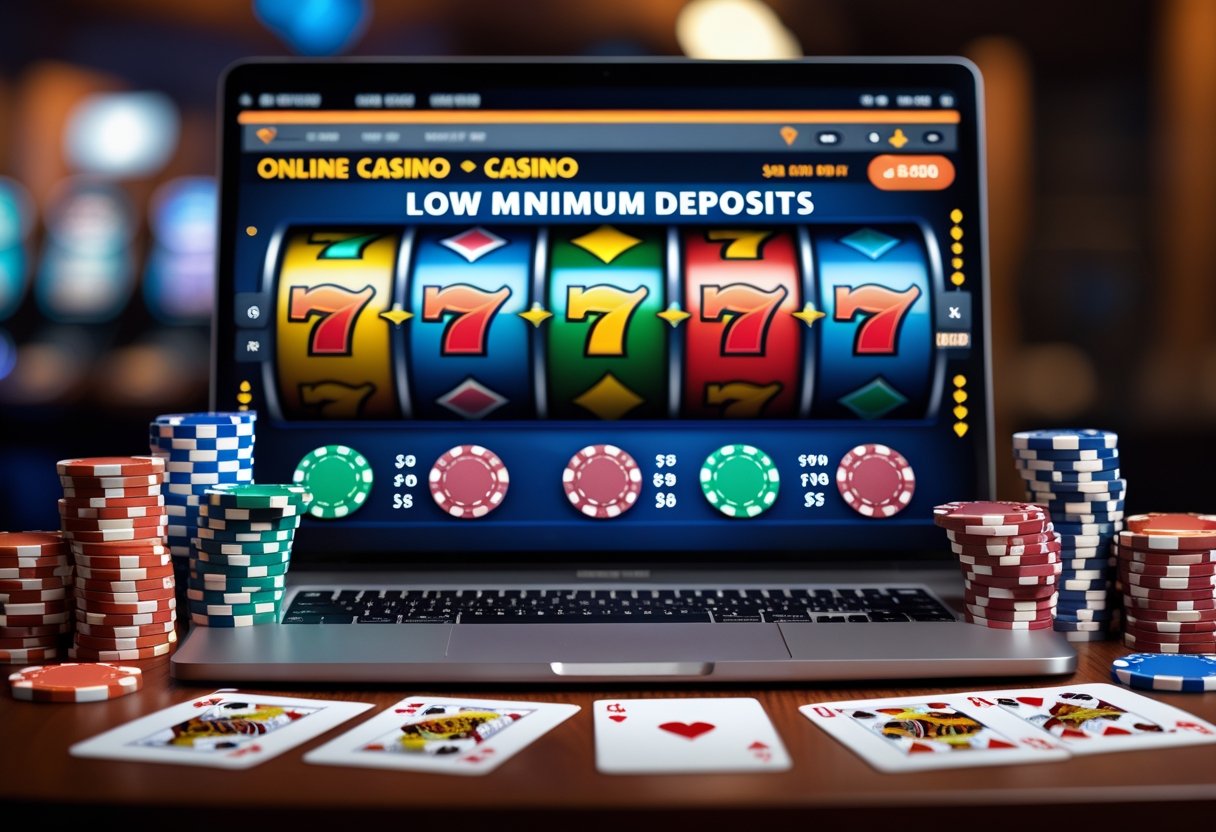 A laptop showing an online casino game with poker chips and playing cards on a table.