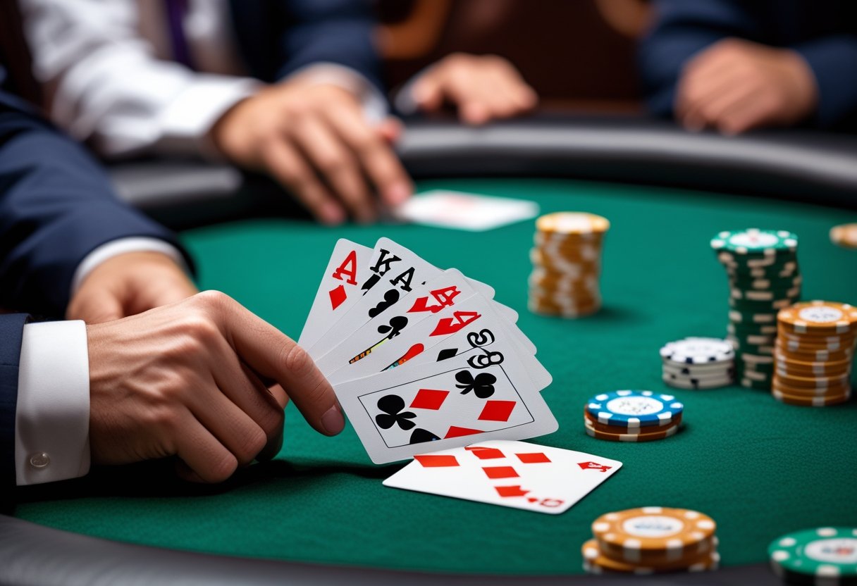A close-up of a poker player's hand holding five sequential playing cards on a green felt table with poker chips nearby.