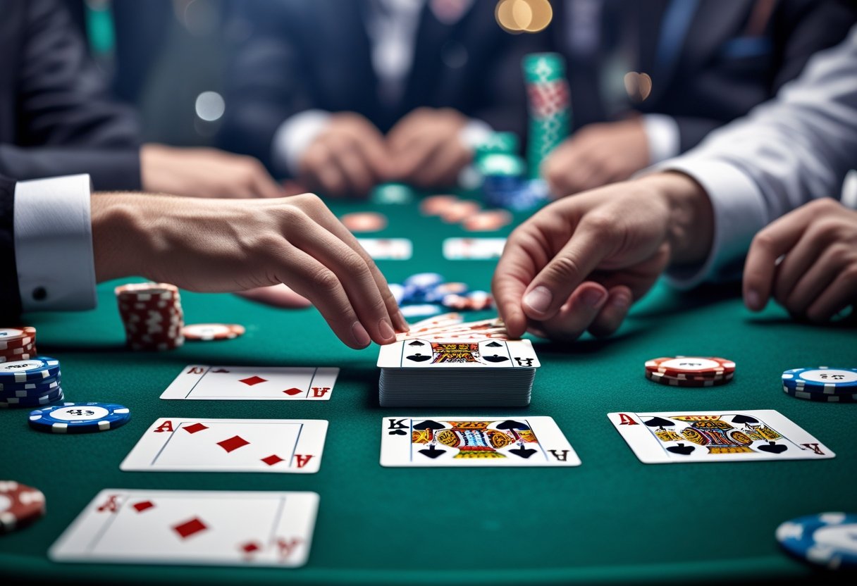 A hand holding five consecutive playing cards over a green poker table with poker chips and blurred players in the background.