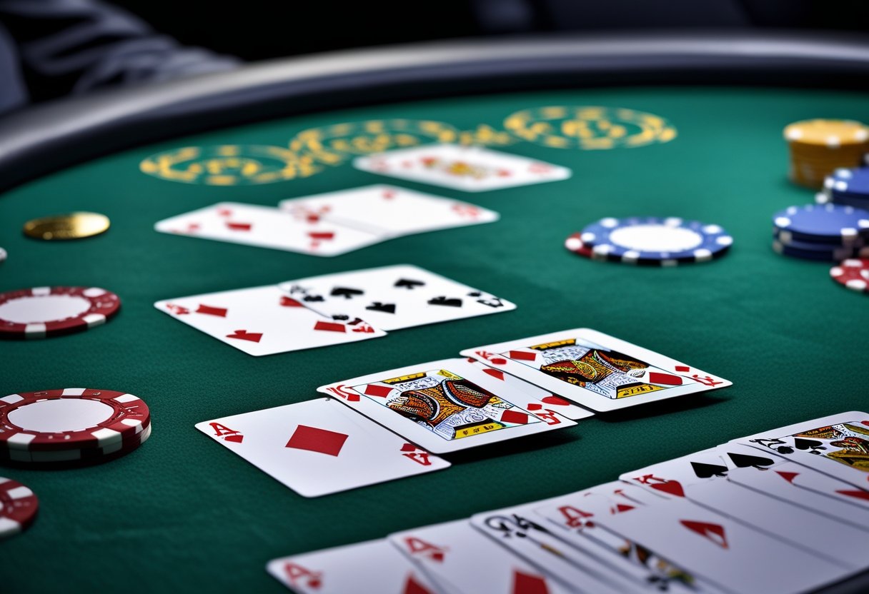 Close-up of playing cards arranged on a poker table showing different types of poker straights.