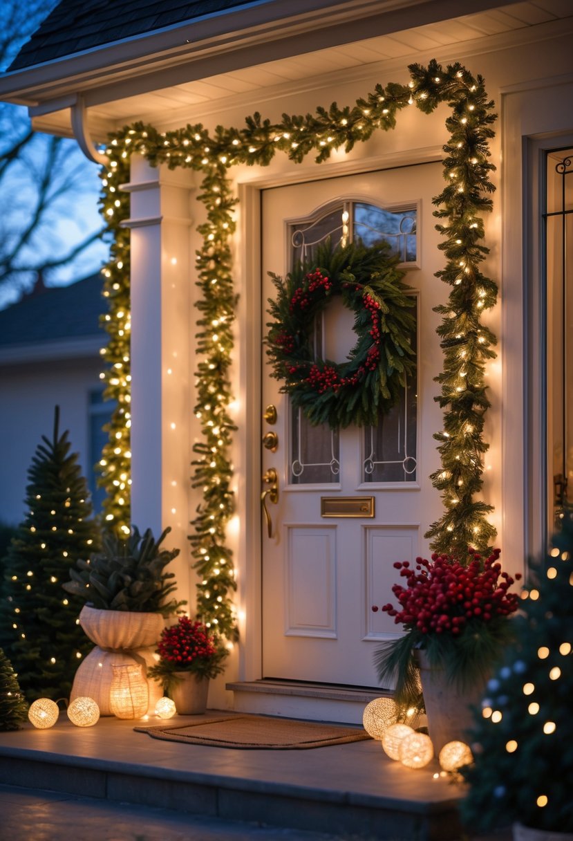 A front door decorated with twinkling fairy lights and Christmas decorations creating a welcoming holiday entrance.