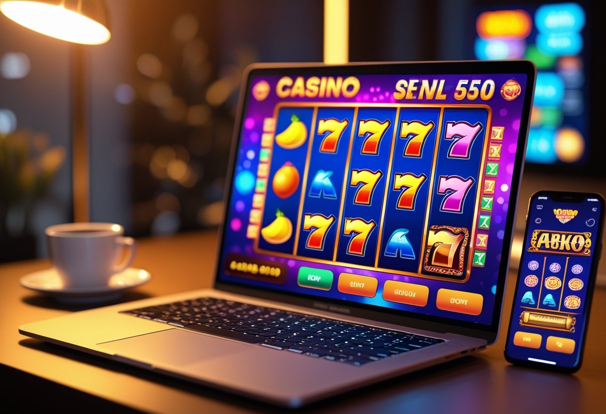 A laptop displaying a colorful online slot machine game with spinning reels on a desk with a coffee cup and smartphone nearby.