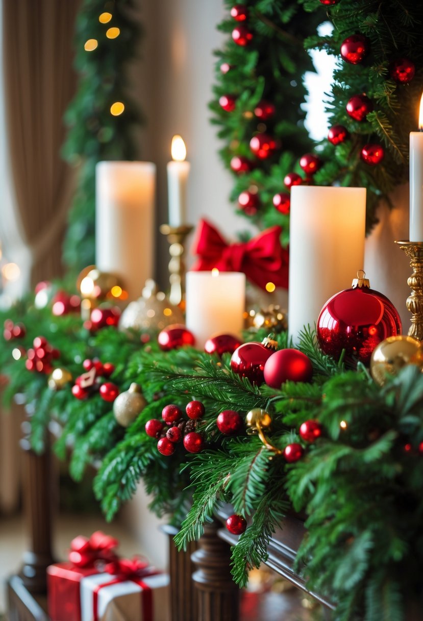 A Christmas sideboard decorated with a lush greenery garland featuring red berries and baubles.