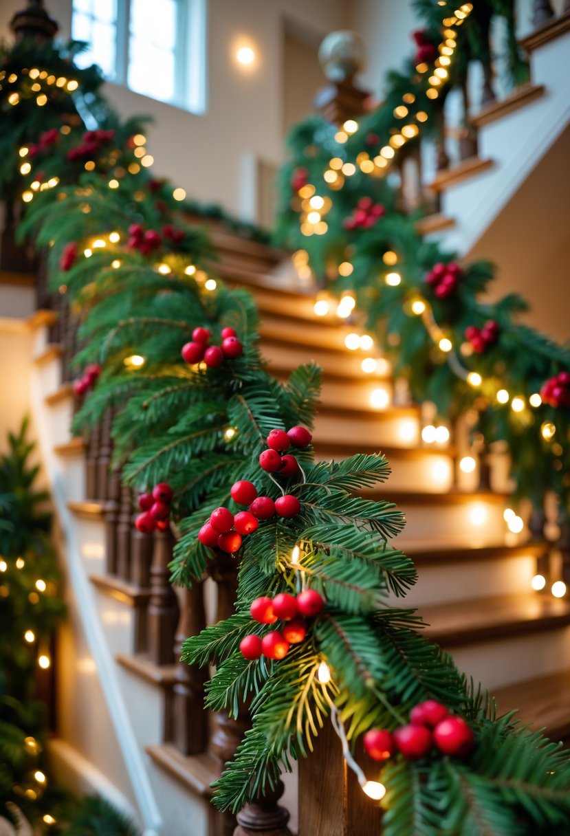 Indoor staircase decorated with pine garlands, red berries, and fairy lights for Christmas.