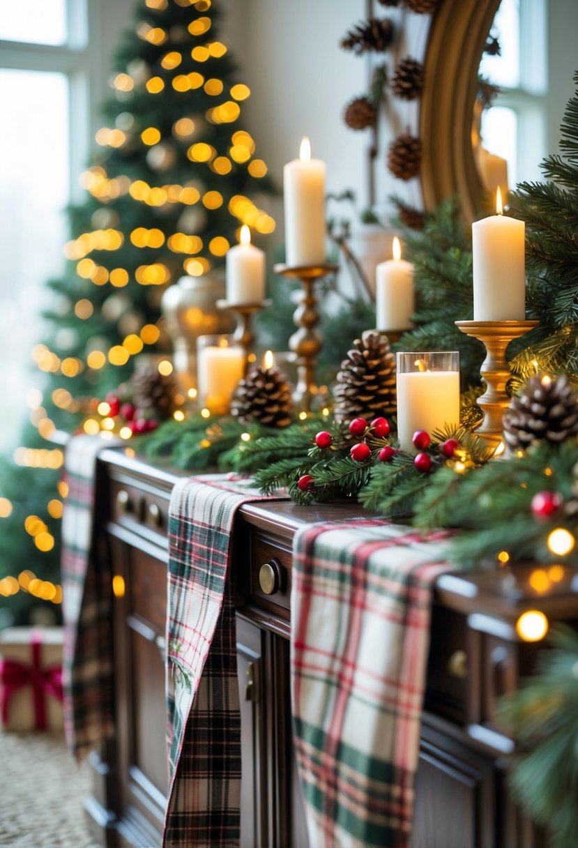 A decorated Christmas sideboard with plaid fabric runners, candles, pine cones, evergreen branches, and red berries.