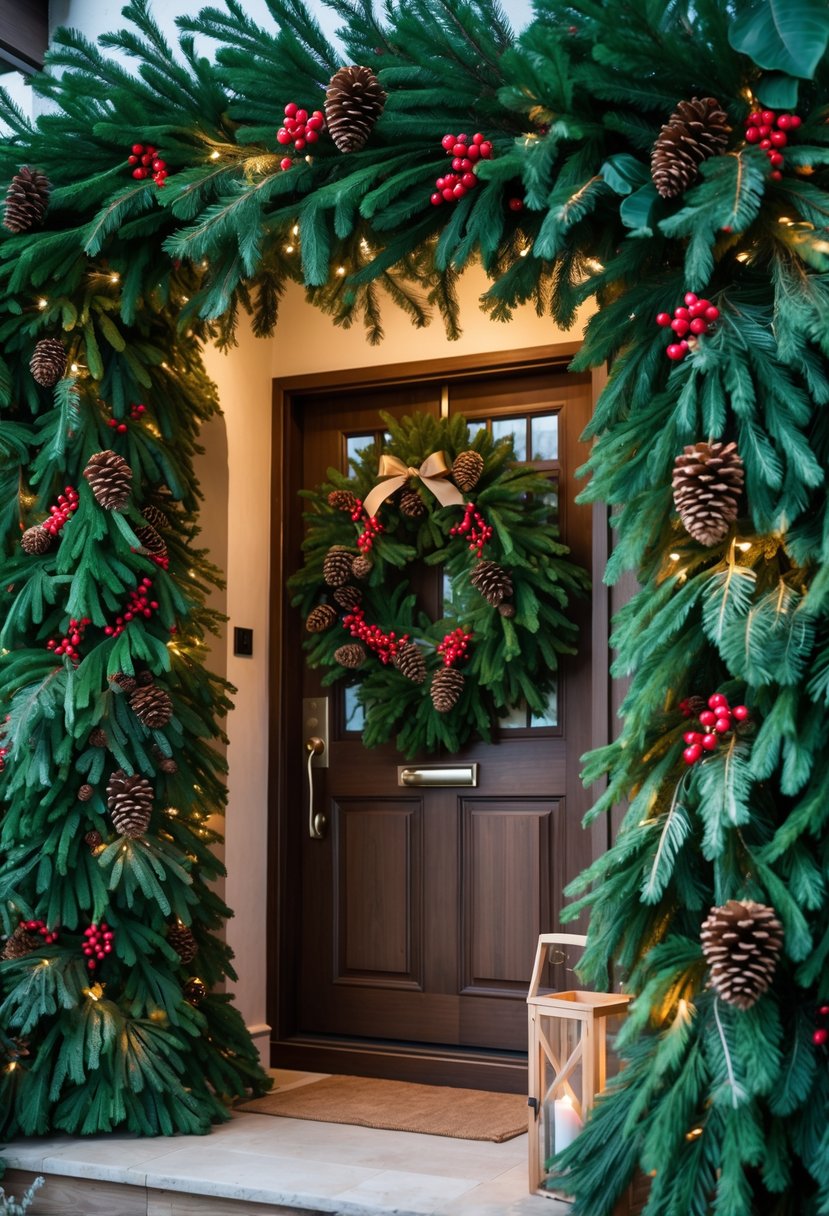 A Christmas entrance decorated with lush evergreen garlands, pinecones, and red berries.