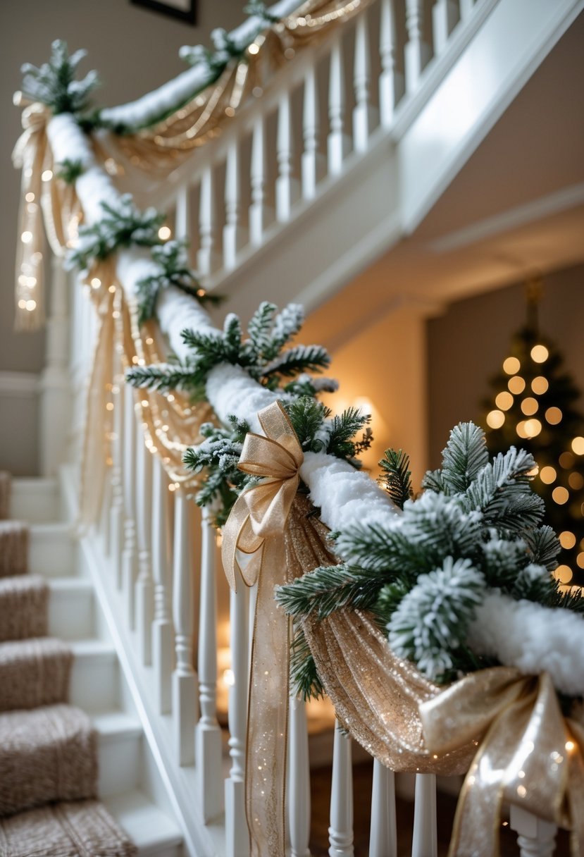 Indoor staircase decorated with snowy white garlands woven with champagne-colored ribbons for Christmas.