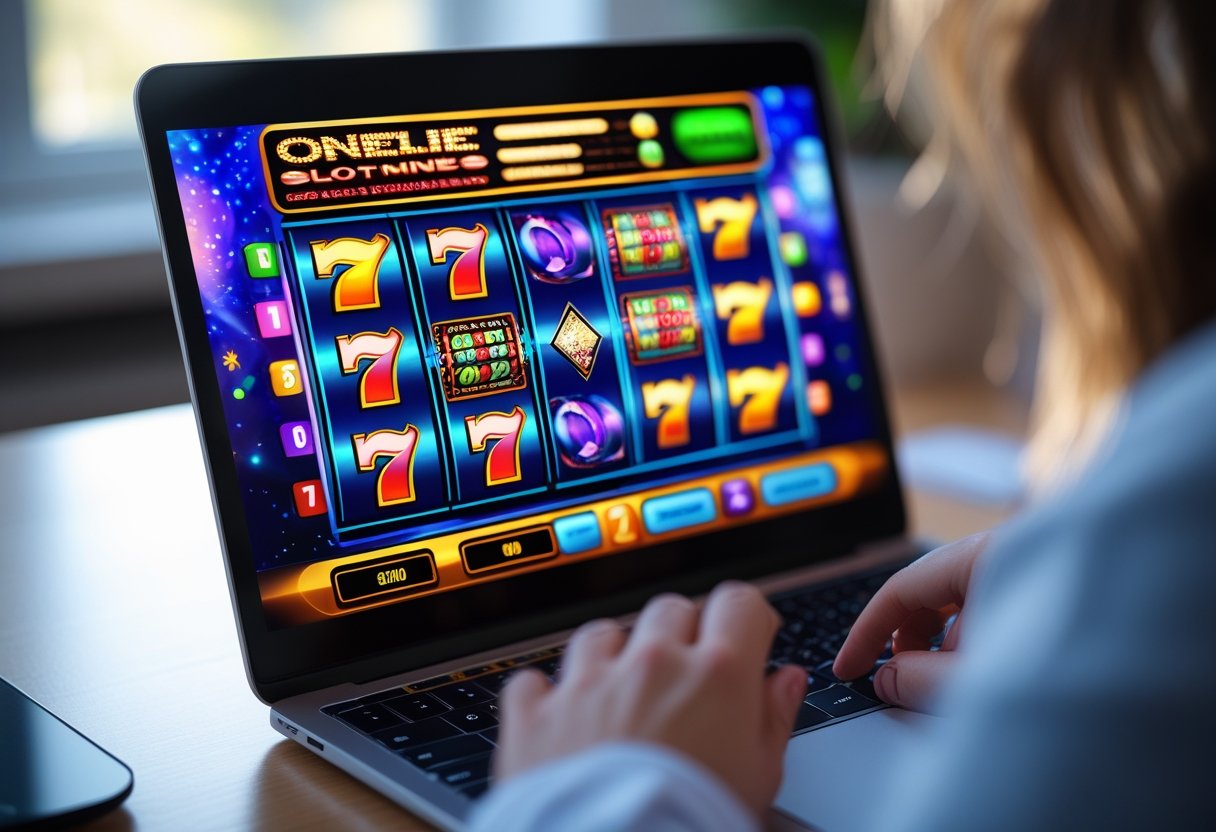 Close-up of a person interacting with an online slot game displayed on a laptop screen, showing colorful spinning reels and classic slot symbols.
