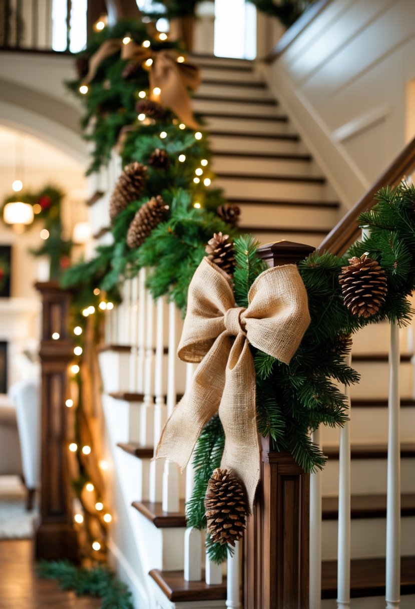A staircase decorated with green garlands, pinecones, and burlap bows for Christmas.