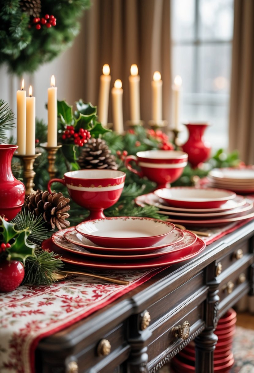 A sideboard with red-accented vintage dinnerware and Christmas decorations including holly, pine cones, and candles.
