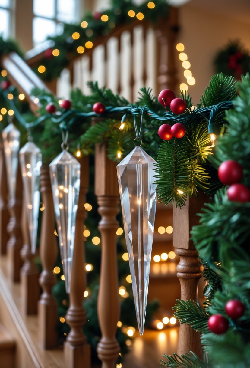 Crystal icicle ornaments hanging from a decorated wooden staircase banister with green garlands and lights.