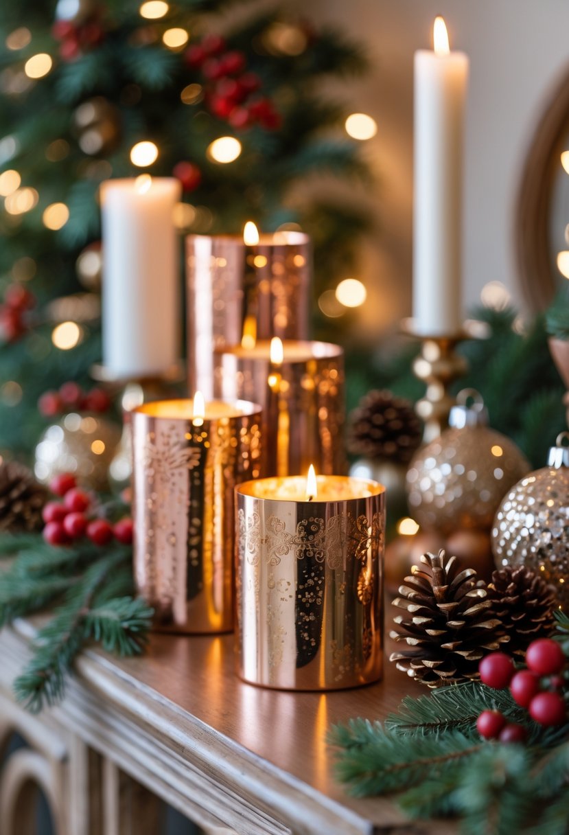A sideboard decorated with copper and gold candle holders and festive Christmas decorations.