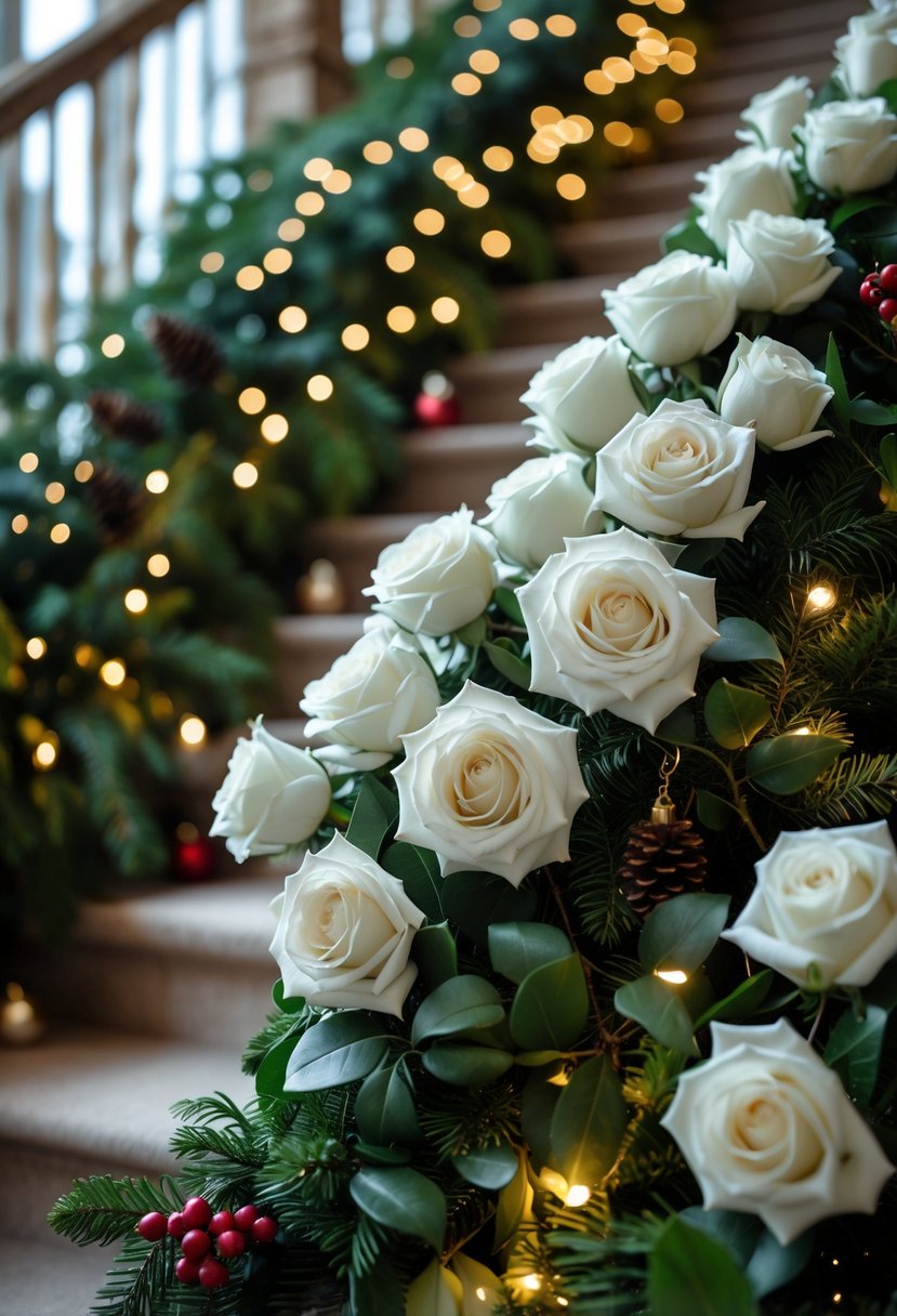 A staircase decorated with clusters of white roses and green foliage, softly lit with warm holiday lights.