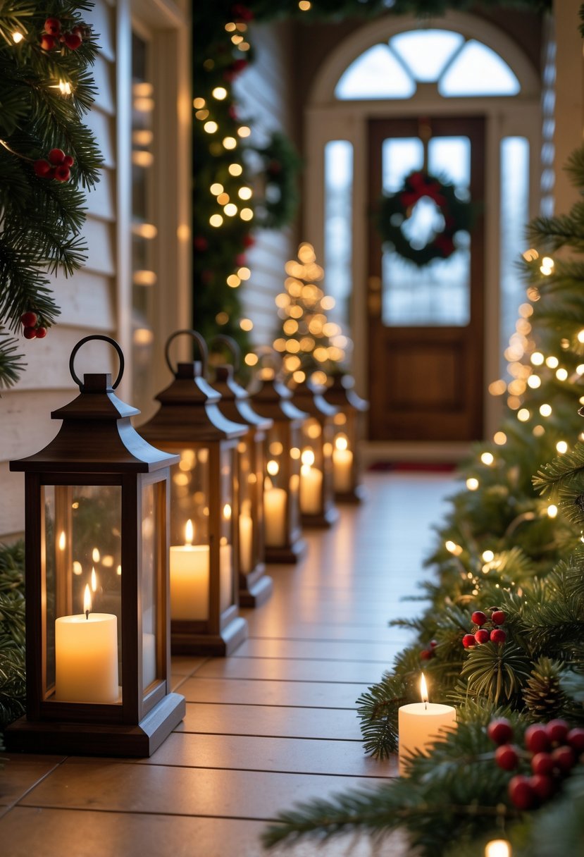 Entryway lined with wooden lanterns holding flameless candles, decorated with holiday greenery and lights.