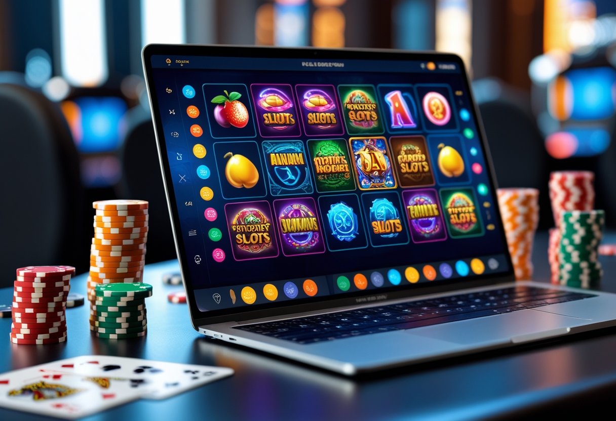 A computer screen showing various colorful online slot machine games with casino chips and cards nearby.