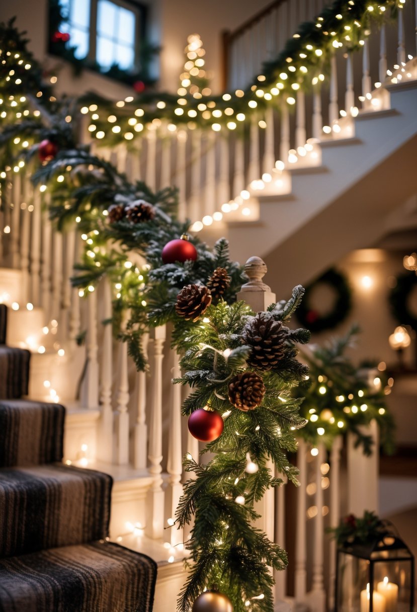 A staircase decorated with warm white fairy lights and green garlands for Christmas.