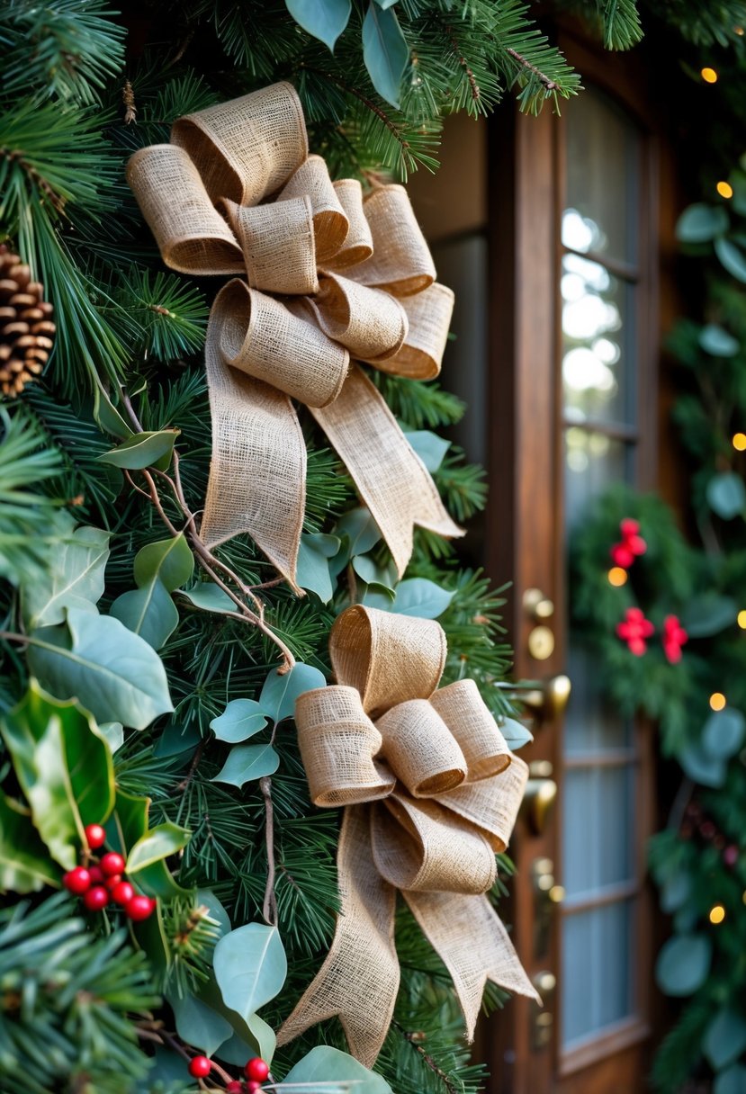 A Christmas entrance decorated with burlap ribbons and green foliage around a wooden door.