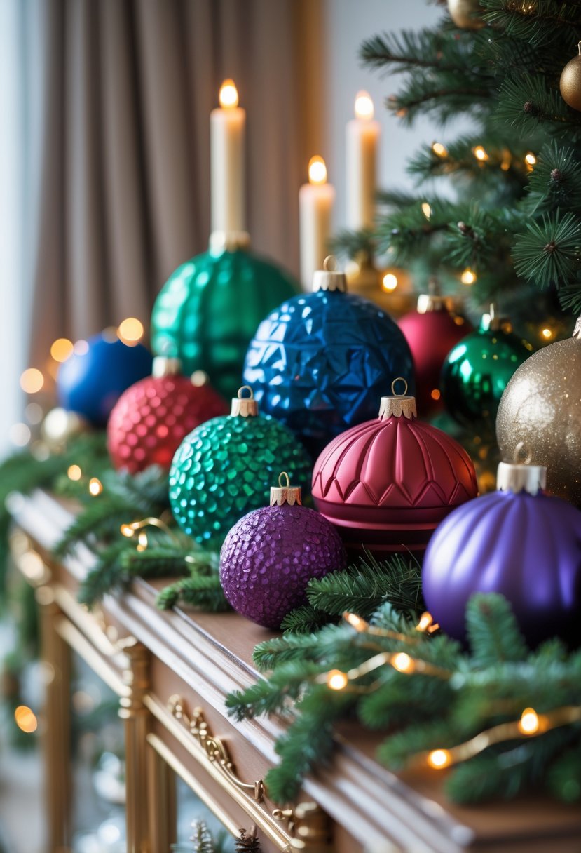 A Christmas sideboard decorated with colorful handcrafted paper mache ornaments and festive greenery.