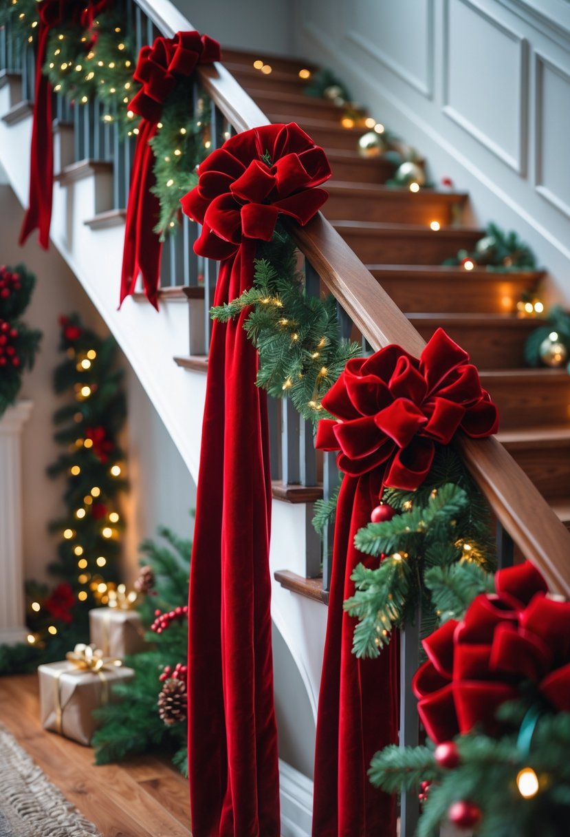 Indoor staircase decorated with bold red velvet ribbons cascading down the banister and steps, accented with green garlands and small lights.