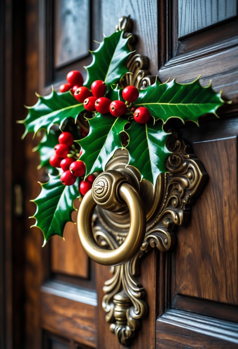 Close-up of an ornate brass door knocker decorated with holly on a dark wooden door.