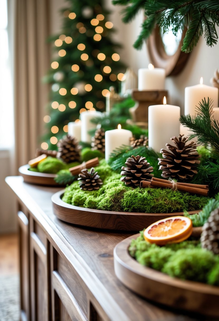 A Christmas sideboard decorated with wooden trays filled with green moss, pinecones, and candles, creating a festive holiday display.