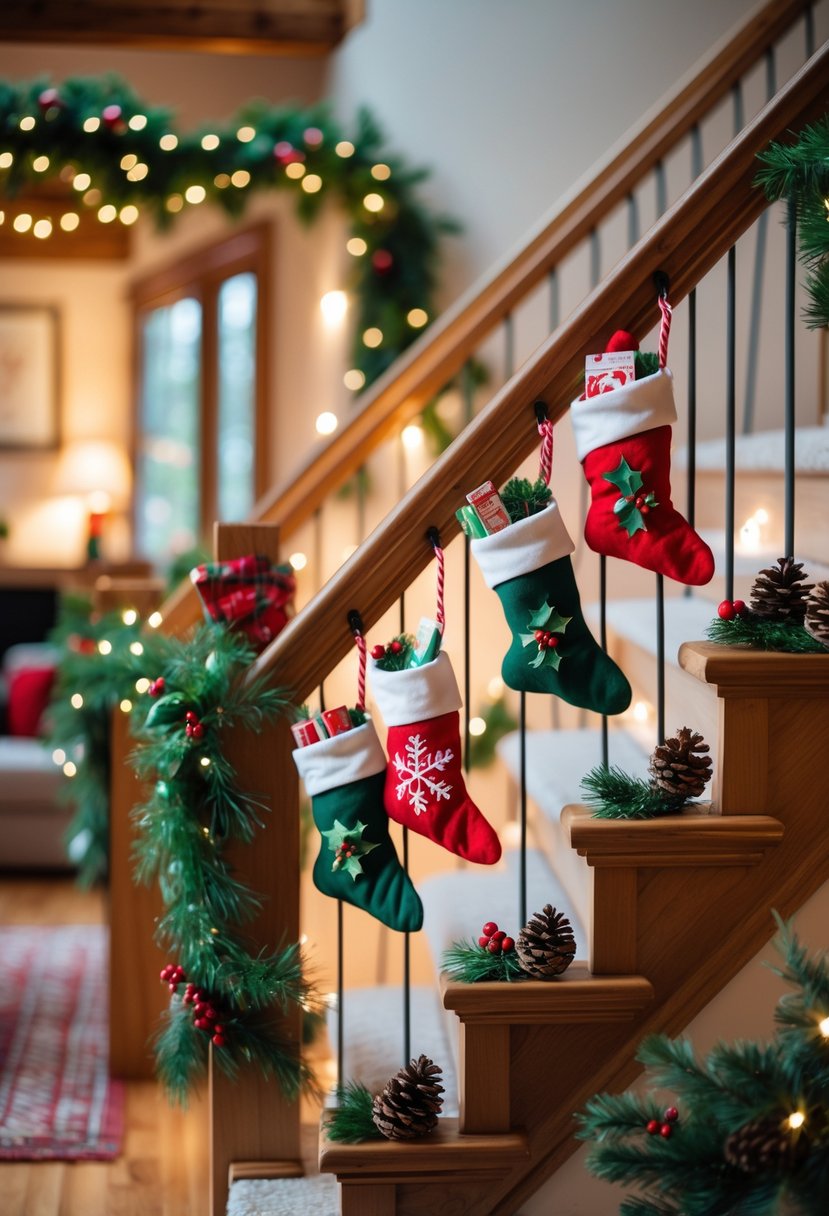 A staircase decorated with miniature Christmas stockings hanging on each step, surrounded by pine garlands and fairy lights.