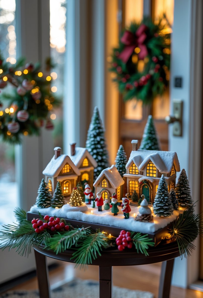 Miniature Christmas village display on a side table near the front door with tiny houses, snow-covered trees, and festive decorations.