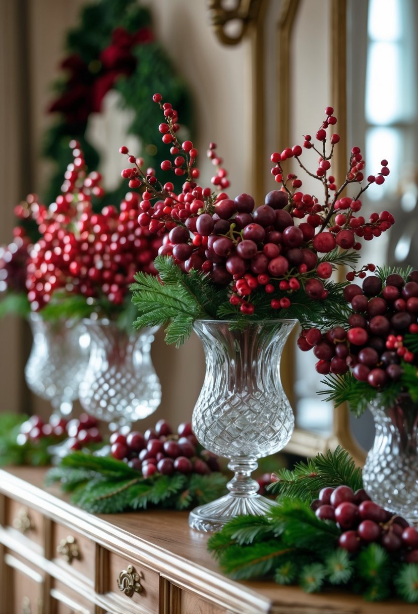 Crystal vases filled with red winter berries and evergreen branches arranged on a Christmas sideboard.