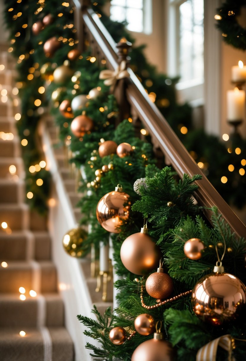 Indoor staircase decorated with green garlands and gold and copper Christmas ornaments.