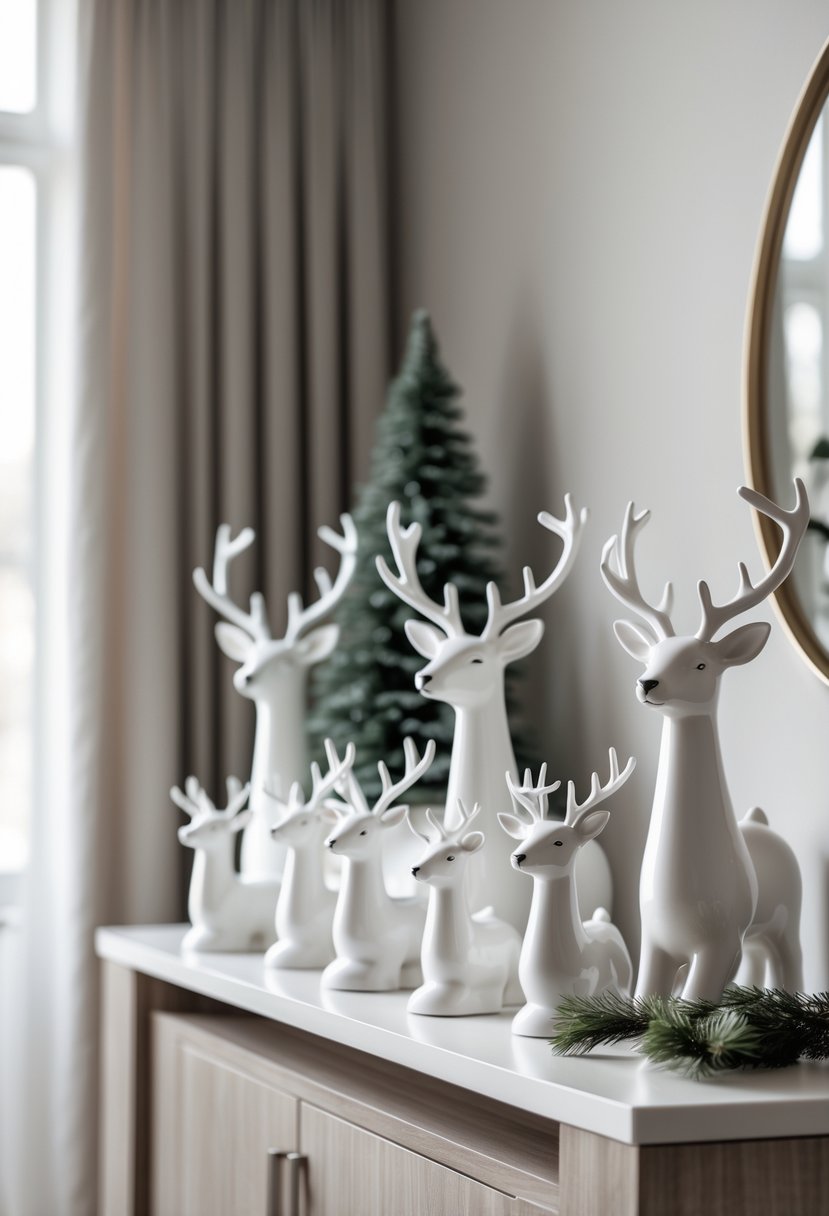 White ceramic reindeer figurines arranged on a sideboard with subtle holiday decorations.