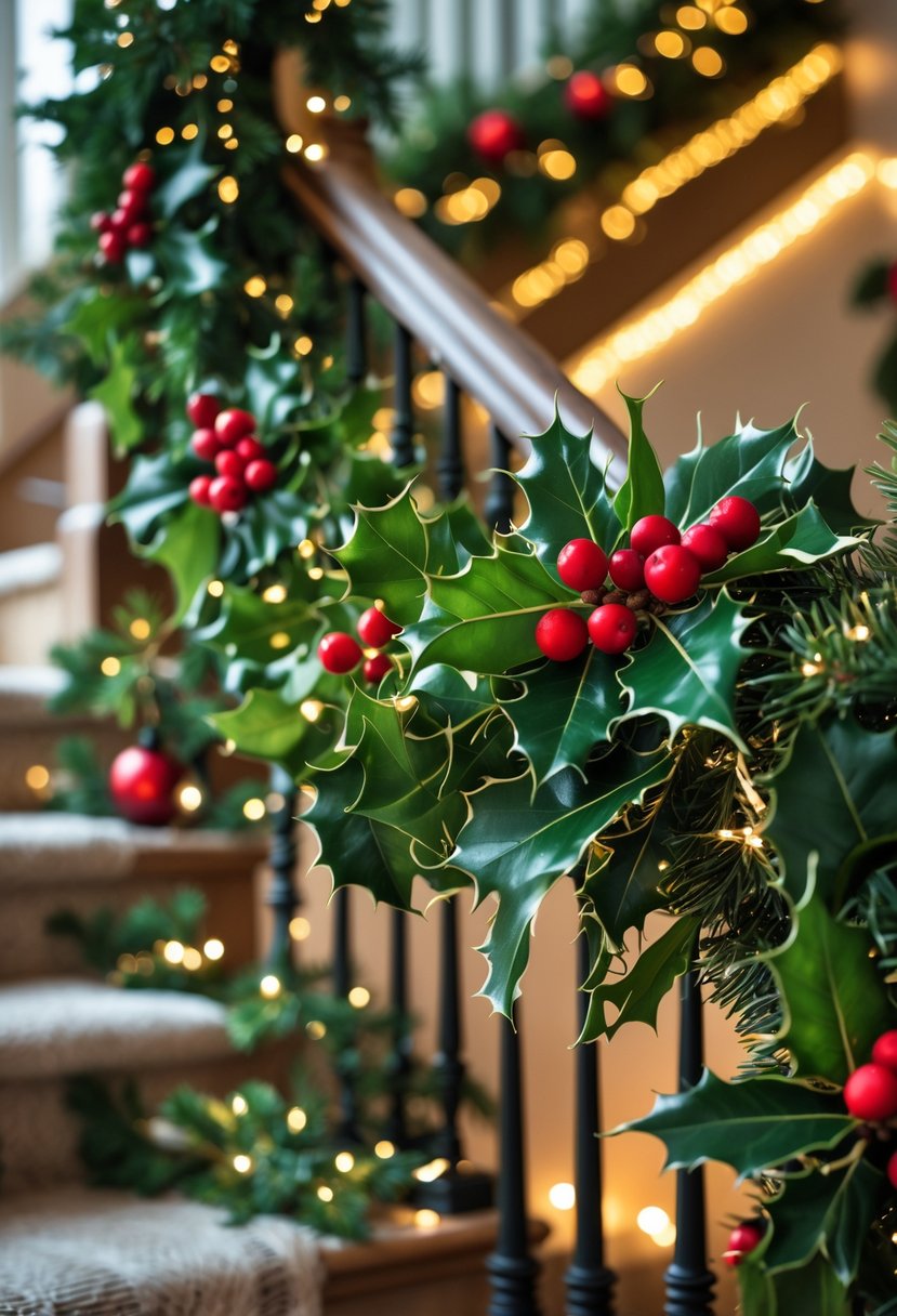 A staircase decorated with sprigs of holly and eucalyptus, featuring red berries and green leaves, with warm holiday lighting in the background.