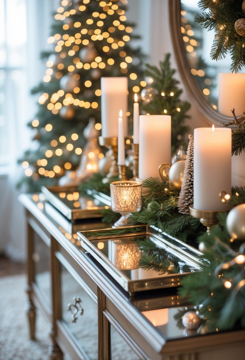 A Christmas sideboard decorated with mirrored trays reflecting warm festive lights, candles, pine branches, and ornaments.