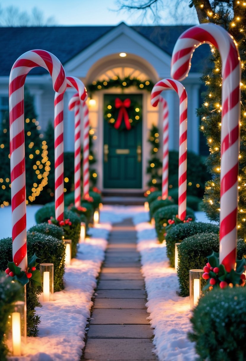 A snowy pathway decorated with large candy cane stakes leading to a front door with a Christmas wreath and holiday lights.
