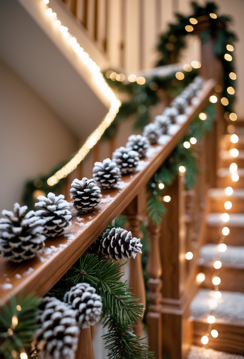 A staircase handrail decorated with frosted pinecones and green garlands with small white lights.