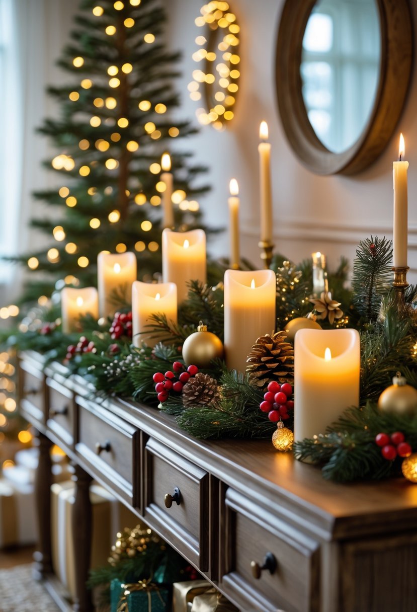 A Christmas sideboard decorated with LED flameless candles, pine branches, red berries, pine cones, and gold ornaments creating a warm festive ambiance.