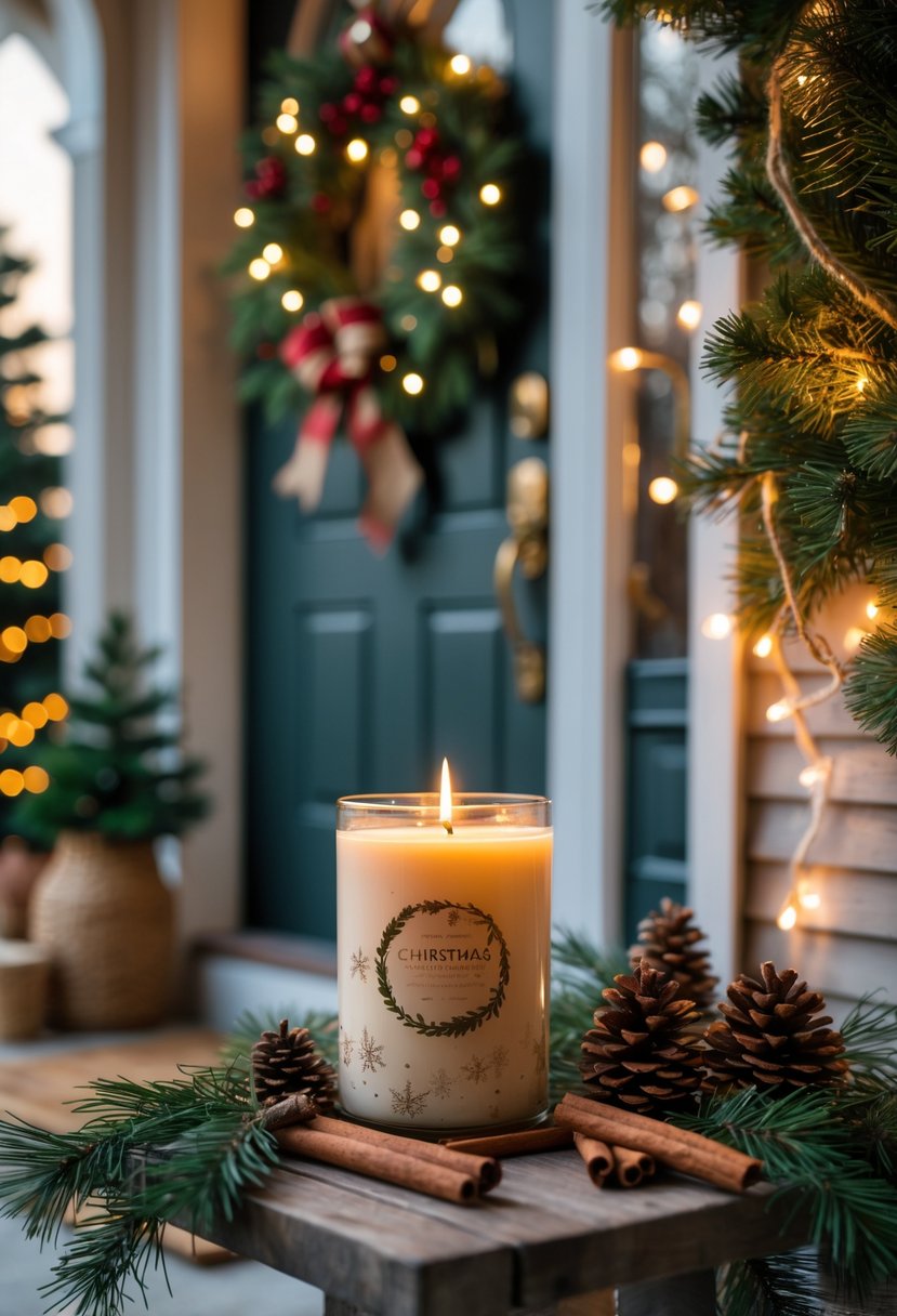 A Christmas entryway with a lit cinnamon and pine candle, pine branches, cinnamon sticks, pine cones, fairy lights, and a decorated front door with a festive wreath.