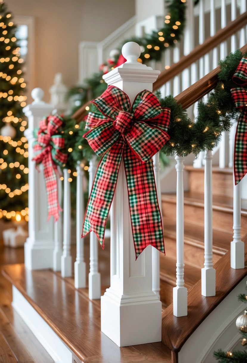 A staircase decorated with large plaid ribbon bows tied to each stair post for Christmas.