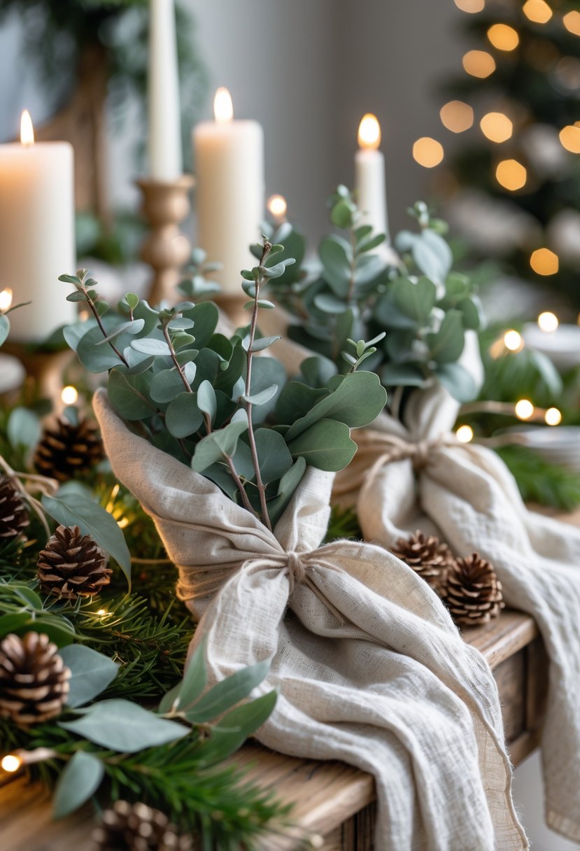 Fresh eucalyptus sprigs tucked into linen napkins arranged on a decorated Christmas sideboard.