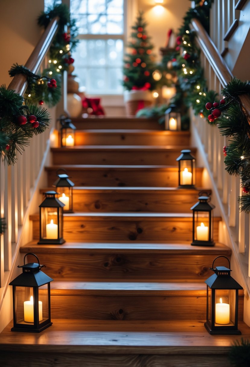 A staircase with LED lanterns glowing on each step and decorated with pine garlands and holiday ornaments.