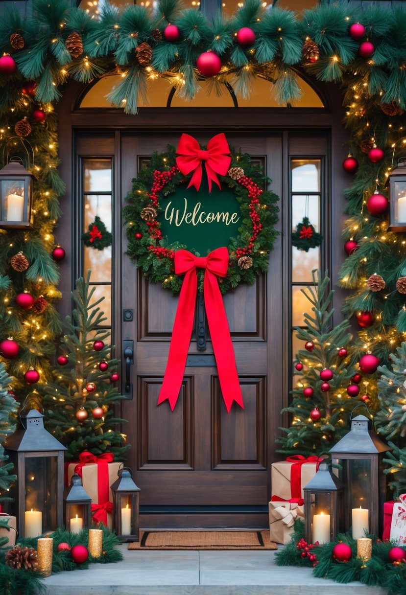 A decorated Christmas entrance with a green wreath, garlands, lanterns, and festive decorations around a wooden door.