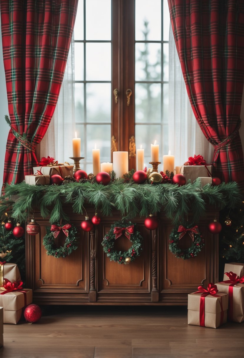 A wooden sideboard decorated with Christmas ornaments and pine garlands in front of a window with red and green plaid curtains.
