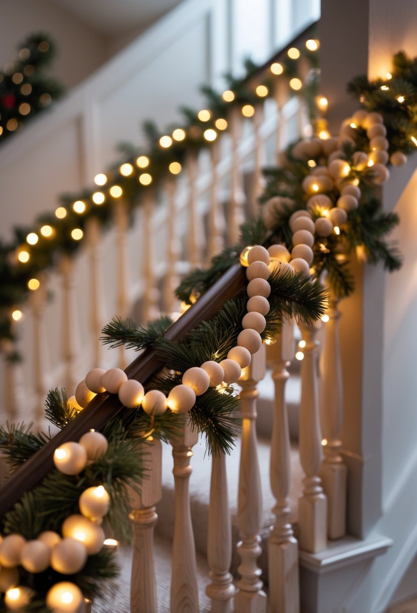 A staircase decorated with wooden bead garlands intertwined with warm white lights, creating a cozy Christmas atmosphere.