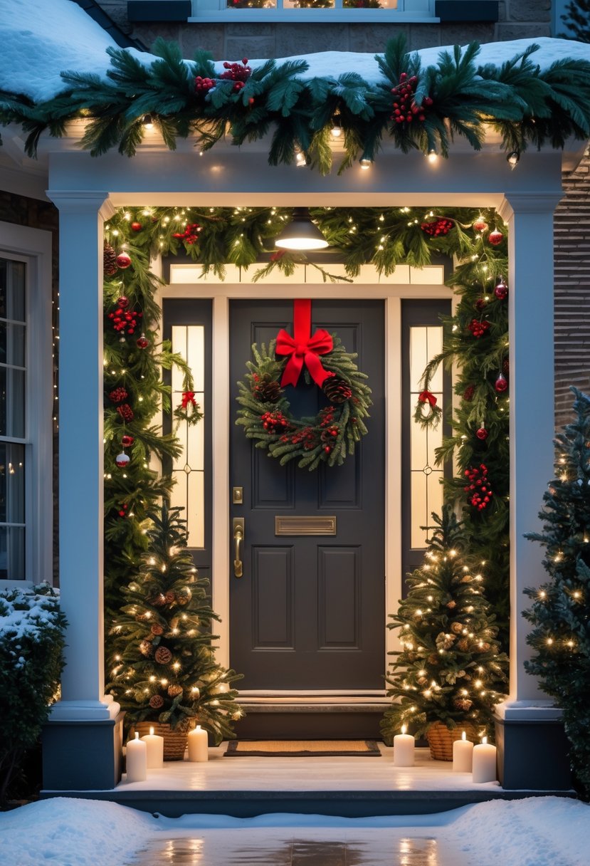 A Christmas entrance decorated with faux snow on window sills and ledges, featuring greenery, pine cones, red berries, and fairy lights around a front door.