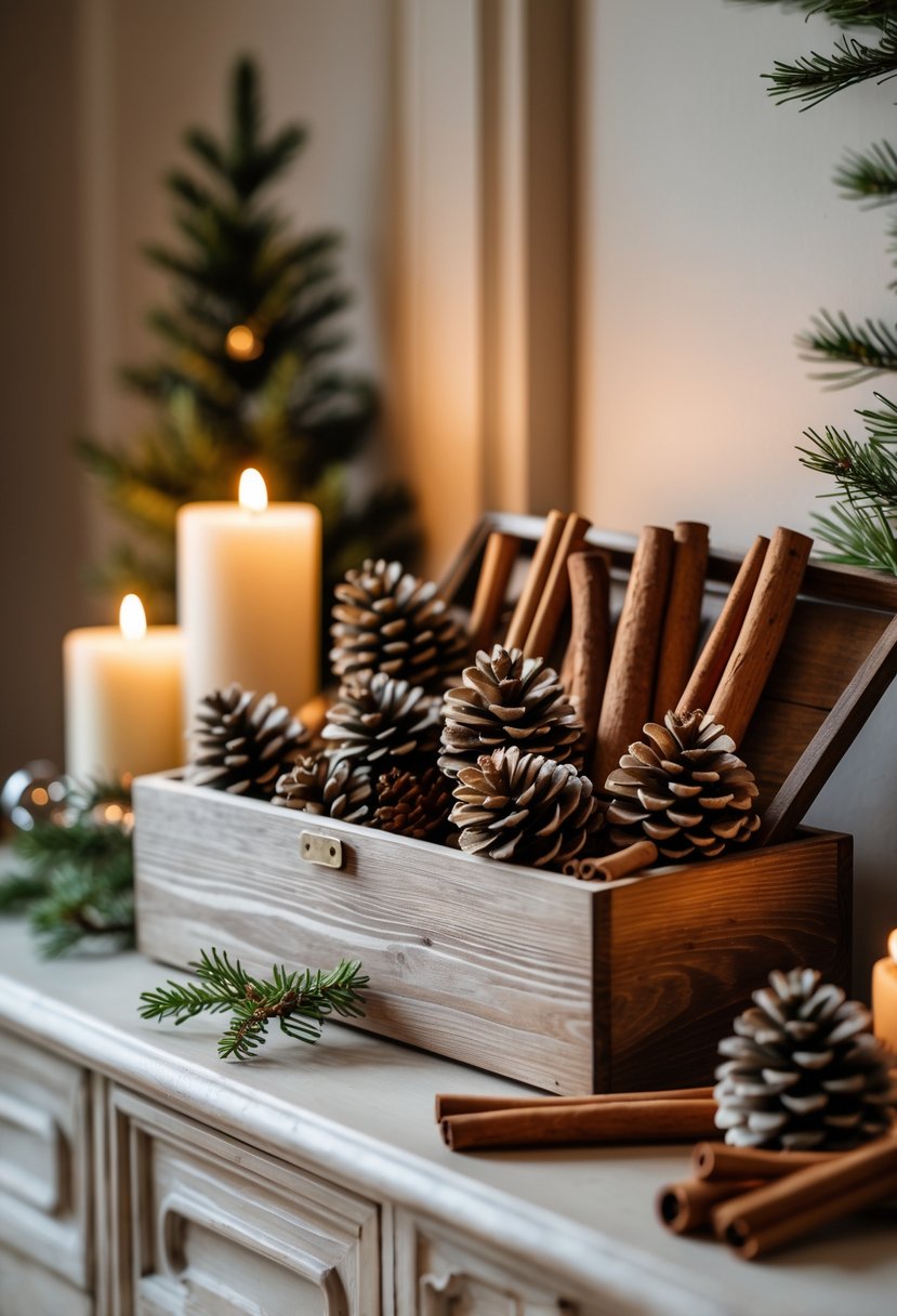 A wooden box filled with pinecones and cinnamon sticks on a sideboard with Christmas decorations.